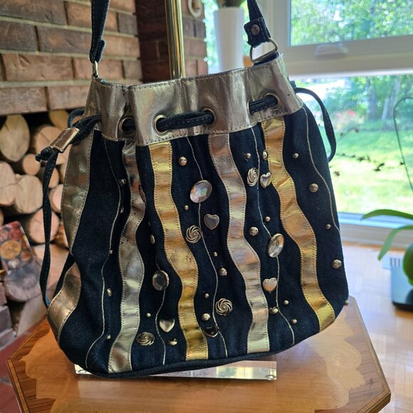 Vintage Handbags - Y2K Denim & Metallic Bag with Mixed Metal Bling